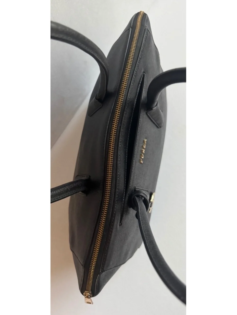 Furla Tessa Large Tote Black Saffiano Leather Gold F Charm Zip Top